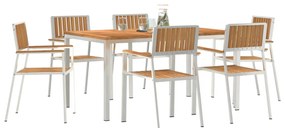 7 részes kert étkező szett tömör tíkfából, kültéri étkezőasztal 150x90x75 cm tömör tíkfából, összecsukható kerti székek 2 db tömör tíkfából és fémből, összecsukható kerti székek 4 db tömör tíkfából és fémből