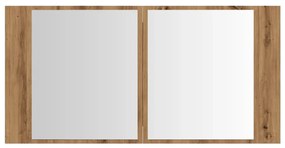 kézműves tölgy szerelt fa tükrösszekrény LED-del 90x12x45 cm