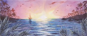 Kép - naplemente a víz felett, akvarell (120x50 cm)