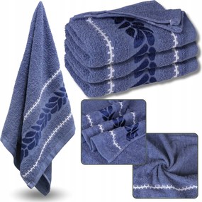 Kék hímzett pamut törölköző, fürdőlepedő levelek 70x135cm x3