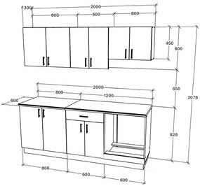 Benita konyhabútor szett V14, 200 cm - Antracit-Fehér