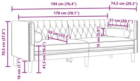 3 személyes barna műbőr Chesterfield kanapé hengerpárnákkal
