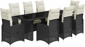 vidaXL 9 részes fekete polyrattan kerti bisztrógarnitúra párnákkal