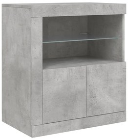 betonszürke tálalószekrény LED-világítással 202x37x67 cm