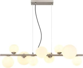 Globo 56140-9H Függeszték fém matt nikkel, üveg fehér, kábel PVC átlátszó, HxSzxM: 870x345x1200mm, üveg átmérő: 4x10cm, 3x12cm, 2x15 cm, benne 9x G9 LED 3.5W 230V, 350lm forrás, 310lm kimenet, 3000K