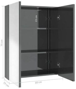 fényes szürke MDF tükrös fürdőszobaszekrény 60 x 15 x 75 cm