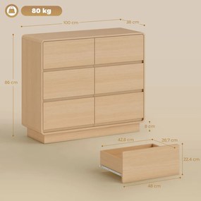 HOMCOM Komód, 6 fiókos büfészekrény, 100 x 38 x 86cm, nappaliba, étkezőbe, natúr fa