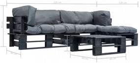 4 részes fsc fa kerti raklap-ülőgarnitúra szürke párnákkal