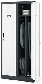 Pléh öltözőszekrény talpazaton, kétmodulos, polccal és köztes fallal KACPER, 800 x 1800 x 500 mm, antracit-fehér