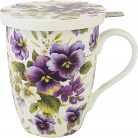 Porcelán teásbögre fedél szűrő virág árvácska lila 450 ml