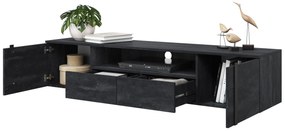 Verica 200 cm-es TV-szekrény, falra szerelhető, nyitott polccal - szénfekete / fekete fogantyúk