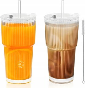 2x 600ml-es üvegpohár szett fedővel és szívószállal