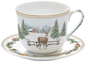 Karácsonyi porcelán nagy reggeliző csésze aljjal szarvasos White Forest díszdobozban