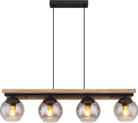 Globo 15569-4HW Függeszték fém fekete matt, fa sötétbarna, üveg füstszínű, kábel PVC fekete, magassága állítható, HxSzxM: 850x150x1200mm, 4x E27 25W 230V izzók nélkül