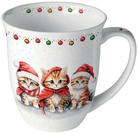 Karácsonyi porcelán bögre Három mikulássapkás cicával