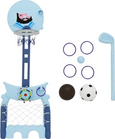 HOMCOM 4 az 1-ben Kosárlabda Gyűrű Állvánnyal Golf Labda Foci Labda Magasságban Állítható Tevékenységi Központ 3+ Év 58x56x154 cm Kék | Aosom