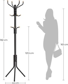 Álló fogas 12 kampóval, stabil fém kabáttartó,182 cm magas, fekete