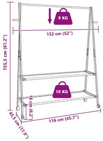 bambusz ruhaállvány polcokkal és kerekekkel 132x45,5x155,5 cm