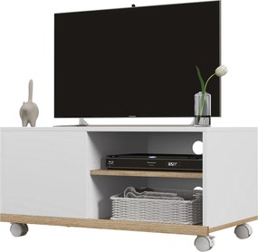 HOMCOM Modern TV Állvány Kerekekkel 42 Hüvelykes Televíziókhoz, 1 Ajtós és 2 Polcos Tárolóval, 80x45x39,5 cm Fehér | Aosom