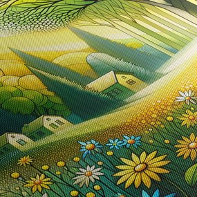 Kép - Falu sárga-zöld színekben (órával) (90x30 cm)
