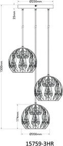 Globo 15759-3HR Függőlámpa, fekete matt fém, aranyszínű fém, fekete patinázott, tiszta akrilkristályok, fekete PVC kábel, ø: 410mm, M: 1500mm, 3x E27 40W 230V izzók nélkül