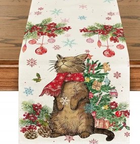 Karácsonyi Asztalterítő Abrosz Karácsonyi Cica Karácsonyfa Bombák 40x140
