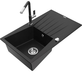 Mexen Cesar, 1 kamrás gránit mosogató 775x470x190 mm és Flora mosogató csaptelep, fekete, 6514-77-670401-07
