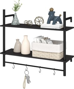 HOMCOM 2-Szintes Fali Polc 4 Kampóval, 2 Polccal és Acél Váz a Bejárathoz, Nappaliba, Hálószobába 80x24x65 cm Fekete | Aosom