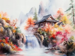 Vászonkép Canvas Tájkép Kelet Ázsia Japán Hegyek Vízesés Ház 100x75