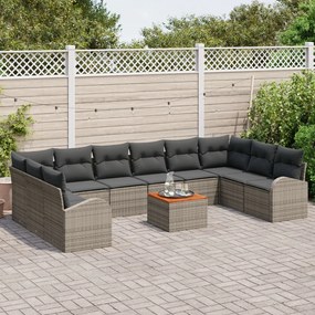 11 Részes Kert Canapé Szett Párnákkal Szürke Poli Rattan Acacia, 2-üléses Kert Canapé Tárolóval és Párnákkal Szürke Poli Rattan