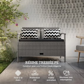Outsunny Kerti 2 Személyes Pad, 160L PE Rattan Tároló Pad, Párnával, 2 Párnával, Acél Váz, 112 cm, Szürke | Aosom