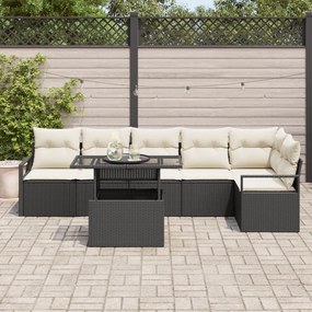 7 db kert kanapészett párnákkal, fekete poli rattan, 2 személyes kert kanapé tárolóval és párnákkal, fekete poli rattan