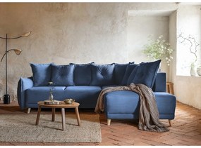 Sötétkék kordbársony kinyitható sarokkanapé (jobb oldali) Lazy Lukka – Miuform