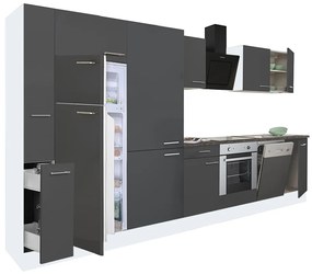 Yorki 370 konyhabútor fehér korpusz,selyemfényű antracit front alsó sütős elemmel polcos szekrénnyel és felülfagyasztós hűtős szekrénnyel