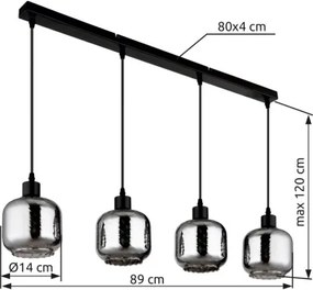 Globo 15754-4H Függőlámpa, fém fekete matt, füstszínű üveg, fehér üveg, kábel PVC fekete, magassága rövidíthető, HxSzxM: 890x140x1200mm, 4x E27 25W 230V izzók nélkül
