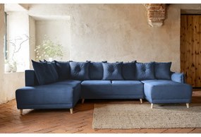Sötétkék kordbársony kinyitható sarokkanapé (bal oldali-U alakú) Lazy Lukka – Miuform