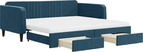 vidaXL kék kihúzható bársony heverő fiókkal 100 x 200 cm
