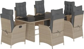 vidaXL 7 részes világosszürke polyrattan kerti étkezőszett párnával