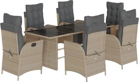 vidaXL 7 részes világosszürke polyrattan kerti étkezőszett párnával