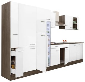 Yorki 360 konyhablokk yorki tölgy korpusz,selyemfényű fehér fronttal polcos szekrénnyel és felülfagyasztós hűtős szekrénnyel