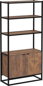 HOMCOM Ipari Stílusú Könyvespolc 3 Polccal + 2 Ajtós Szekrény Részecske Forgácslap Régi Fa Megjelenéssel Fekete Fémből | Aosom