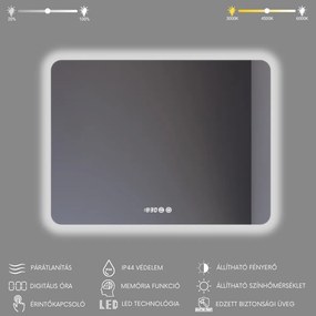 Tükör LED világítással 80x60cm | Páramentesítő funkció | Beépített óra | Fényerő és színhőmérséklet szabályozás | Welland Type-1HS