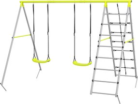 Outsunny Gyerek Hinta Szett - Fém Swing Keret, Dupla Hinta, Mászóhálóval, Létra, Kerti Hinta 3-8 éves gyerekek számára, Acél, Zöld | Aosom