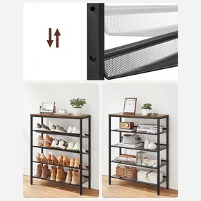5 szintes cipőtartó 20–25 pár cipőhöz, 4 állítható hálós polccal, 75 x 28 x 93 cm, rusztikus barna és fekete
