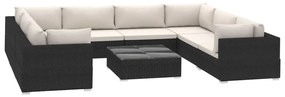 9-részes fekete polyrattan kerti bútorszett párnákkal