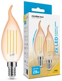 LED lámpa , égő , 2 db , izzószálas hatás , filament  , gyertya , E14 foglalat , C35 , 4 Watt , dimmelhető , meleg fehér , 1800K , borostyán sárga , Modee