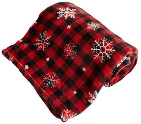 Karácsonyi polár takaró hópelyhes piros kockás 200x150 cm