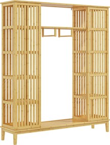 HOMCOM Bambusz Gardrób Ruházati Tároló 2 Csúszóajtóval, Nyitott Polcokkal és Akasztóval a Hálószobához, 145 x 35 x 165cm, Természetes Fa Befejezéssel