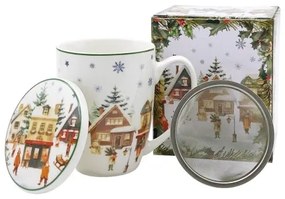 Porcelánbögre tetővel, fémszűrővel, 360ml, dobozban, Christmas Village
