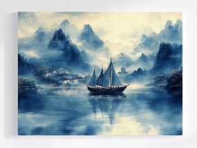 Poszter Ázsia Kelet Kína Tájkép Hegyek Vitorlás Köd 100x75